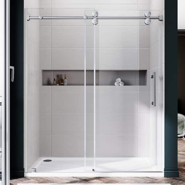 UKS04 66 to 72 in. W x 76 in. H U-Channel Sliding Frameless Shower Door in Brushed Nickel, EnduroShield 3/8" Clear Glass