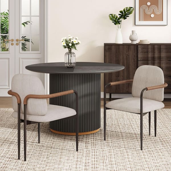 Aria Beige Upholstered Fabric Dining Chairs with Espresso Metal Frame (Set of 2)