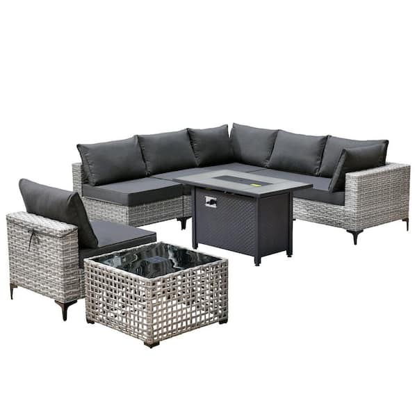 Amity 8 Pieces Wicker Patio Conversation Seating Sofa and Rectangular Fire Pit Set with Black Cushions