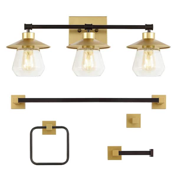JONATHAN Y Avalon 26 in. 3-Light Cottage VanityLight with Bathroom Hardware Accessory Set Gold Painting/Oil Rubbed Bronze (5-Piece)