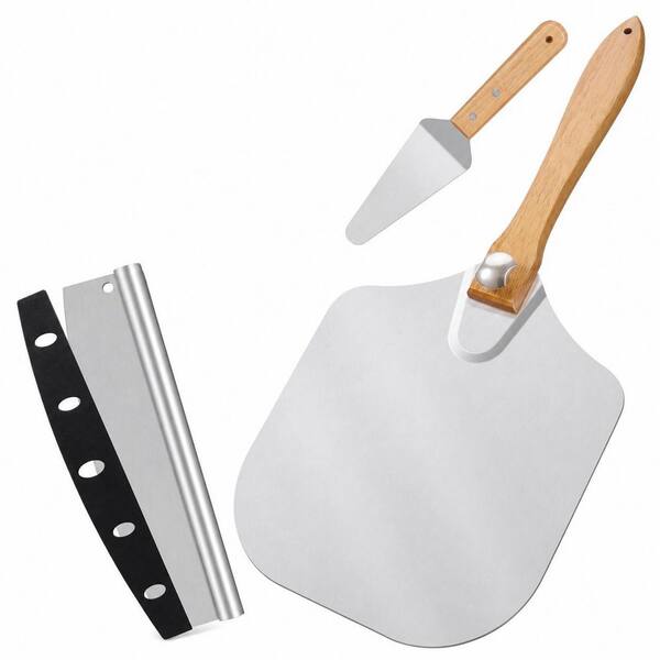12 x 14 Inch Aluminum Pizza Peel Set with Foldable Wooden Handle, Rocker Cutter and Pizza Server