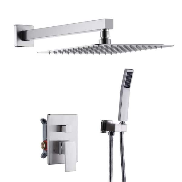Single Handle 1-Spray Dual Wall Mount 10 in. Fixed and Handheld Shower Head 1.8 GPM with Valve in Brushed Nickel