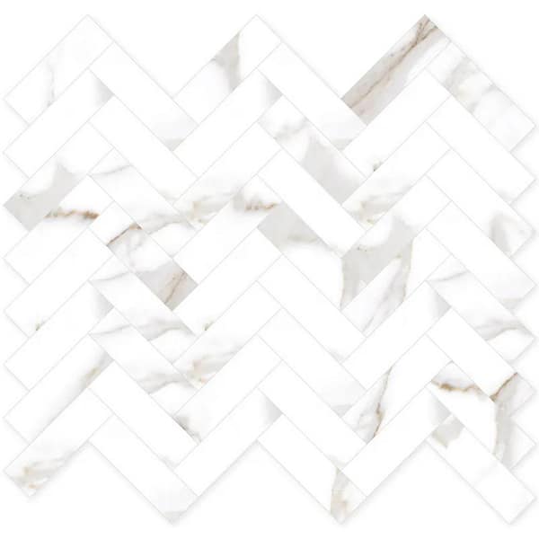 Veneto 11.1" x 12.36" Polished White with Gray-Gold Porcelain Herringbone Wall and Floor Tile 4.76 sq. ft./Case-5 Pack
