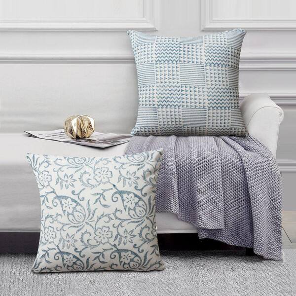 18 x 18 Square Accent Throw Pillow, Damask Print, Soft Polyester Filler, Cream, Blue