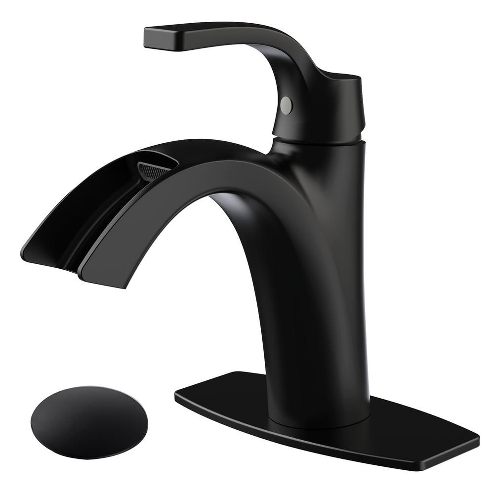 Waterfall Spout 1-Handle Low Arc 1-Hole Bathroom Faucet with Deckplate and 