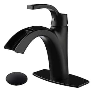 Waterfall Spout 1-Handle Low Arc 1-Hole Bathroom Faucet with Deckplate and Pop-up Drain in Matte Black