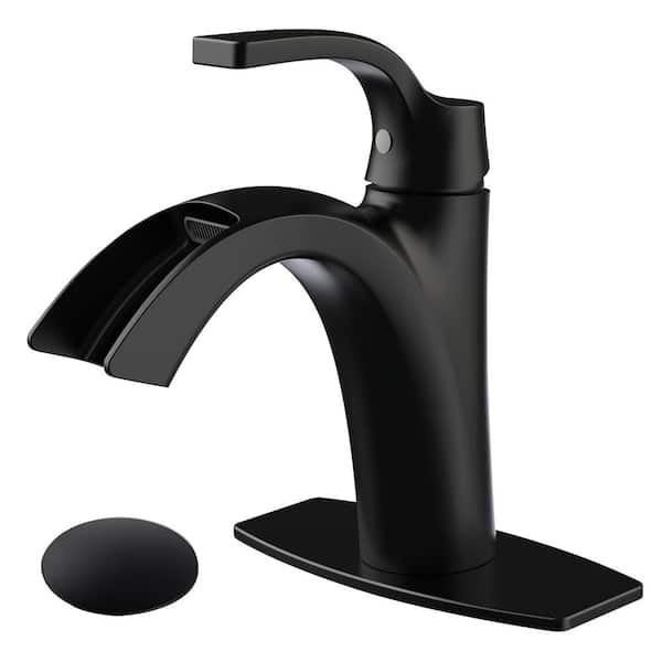 AKLFGN Waterfall Spout 1-Handle Low Arc 1-Hole Bathroom Faucet with Deckplate and Pop-up Drain in Matte Black