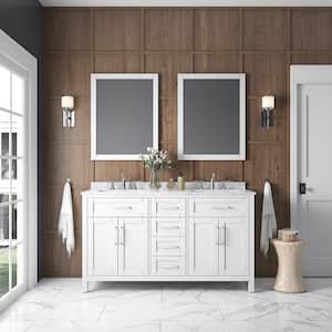 Tahoe 60 in. W x 21 in. D x 34 in. H Double Sink Bath Vanity in White with Carrara Marble Top, Mirrors and Outlet