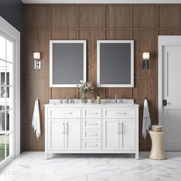 OVE Decors Tahoe 60 in. W x 21 in. D x 34 in. H Double Sink Bath Vanity in White with Carrara Marble Top and Mirrors