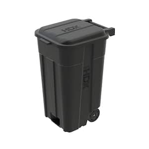 45 Gal. Black Outdoor Vented Trash Can with Wheels, Attached Lid, Rounded Handles, and Reinforced Foothold