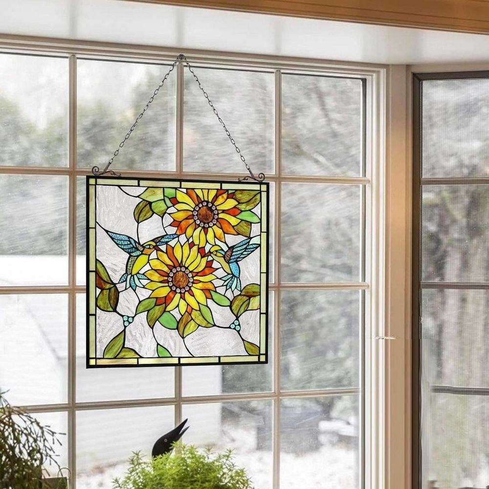 Green Sunflower and Birds Stained Glass Art Glass Window