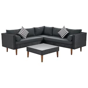 4-Piece Patio PE Black Rattan Wicker Outdoor L-Shape Conversation Sectional Set with Gray Cushions and Colorful Pillows