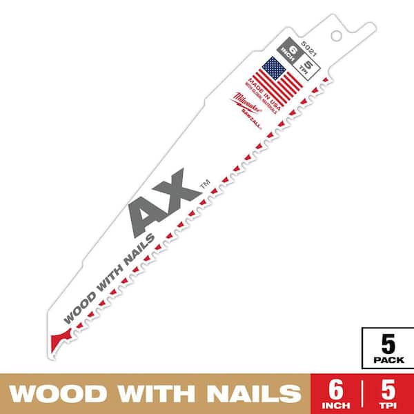 Milwaukee 6 in. 5 TPI AX Nail-Embedded Wood Cutting SAWZALL Reciprocating Saw Blades (5-Pack)