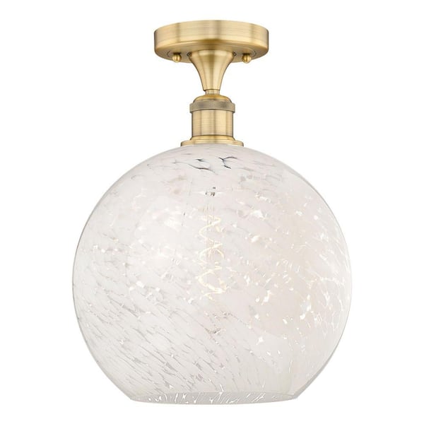 White Mouchette 12 in. 1-Light Brushed Brass Modern Semi-Flush Mount with Frosted Glass Shade