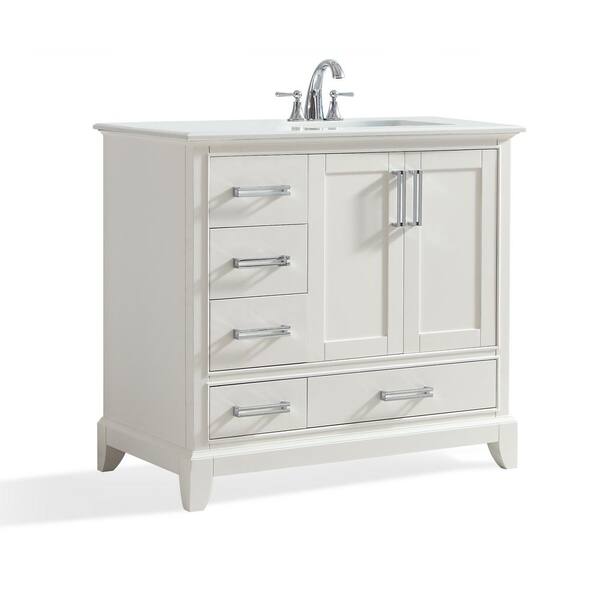 Simpli Home Elise 36 in. W x 22 in. D Bath Vanity in Soft White with Quartz Marble Vanity Top in Bombay White with White Basin