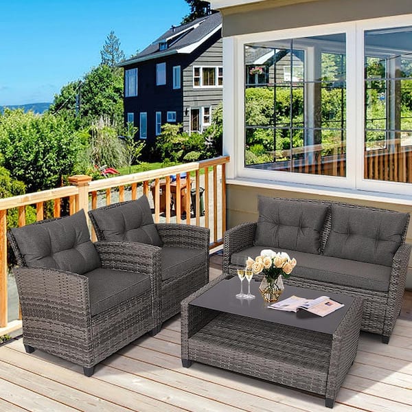 4-Piece Wicker Patio Conversation Set Rattan Sofa Furniture Set with Coffee Table and Gray Cushions