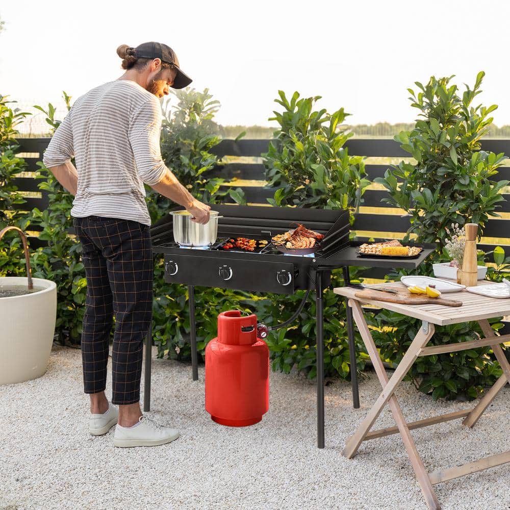 Portable Black 3-Burner Propane Gas Grill with Folding Shelves