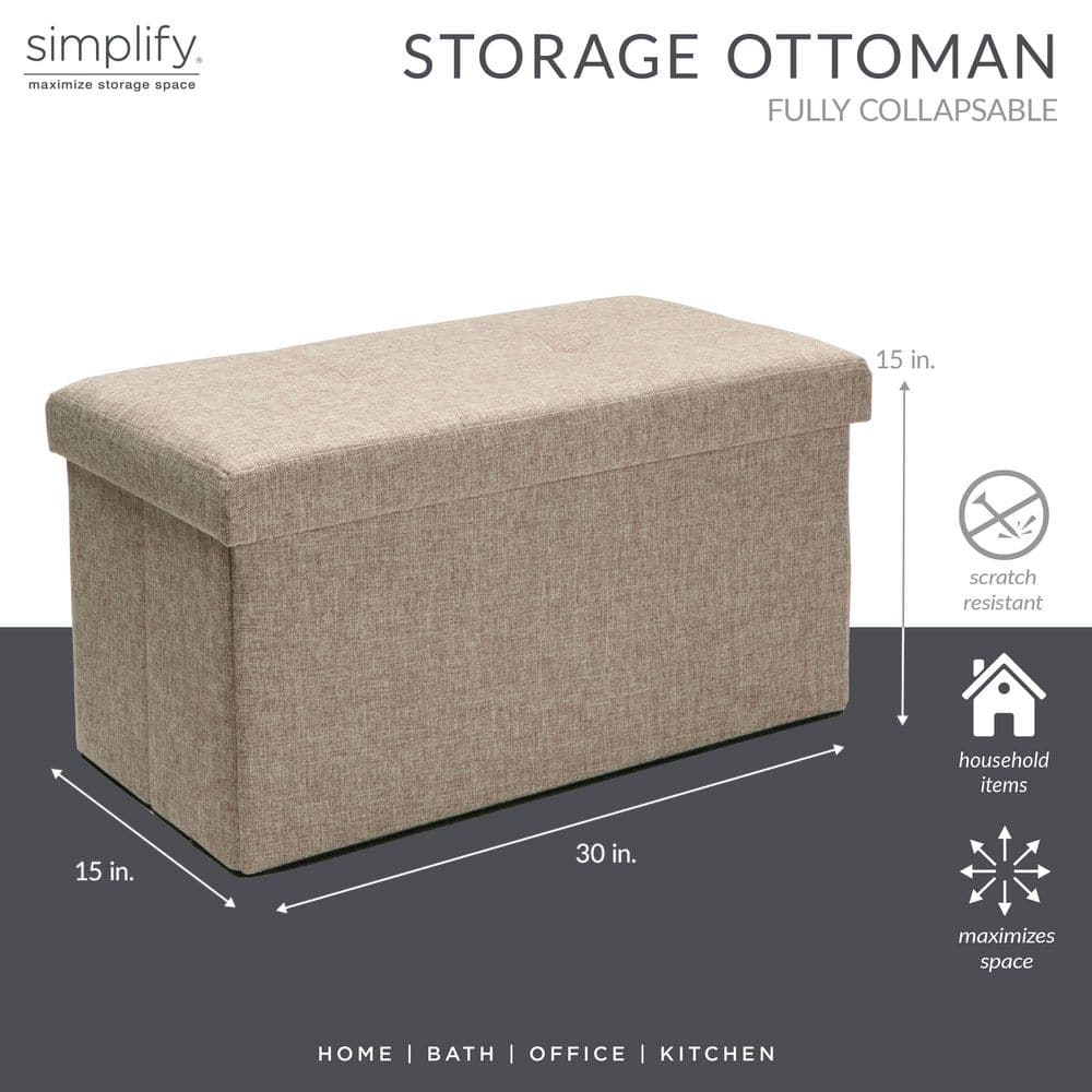 Simplify Beige Faux Linen Double Folding Storage Ottoman