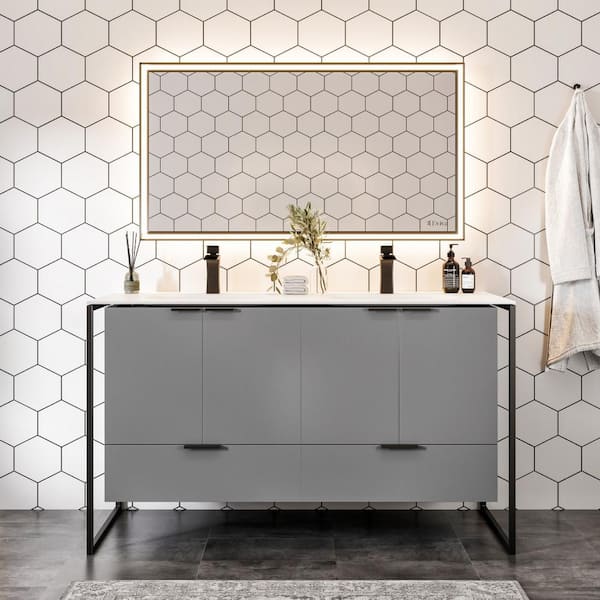 Onyx 48 in. Double Sink Floating Gray Bath Vanity with White Solid Surface Top (Assembled)