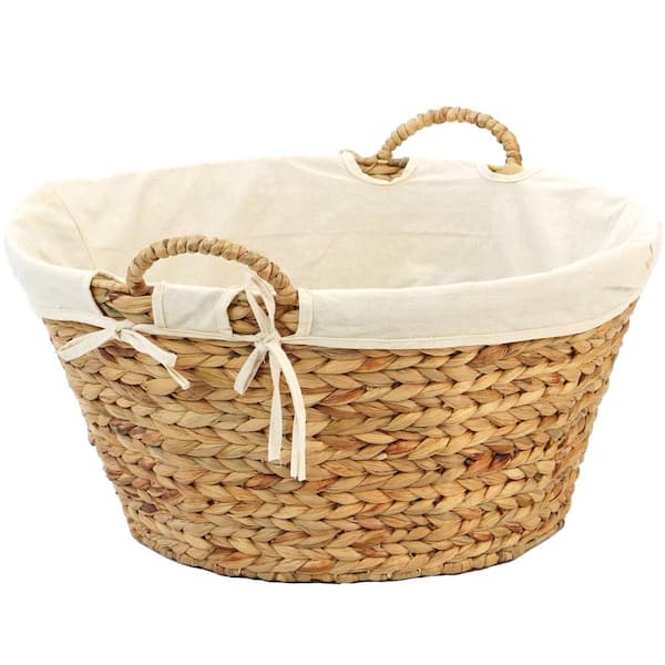 Water Hyacinth Natural Oval Wicker Laundry Basket with Handles and White  Cotton Liner