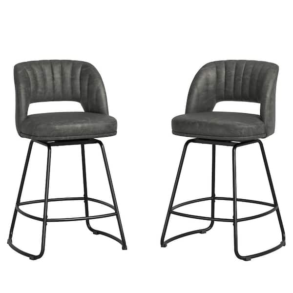 Yulke 26 in. Black Gray Hollow High Back Metal Swivel Counter Stools Bar Stools with Faux Leather Seat (Set of 2)