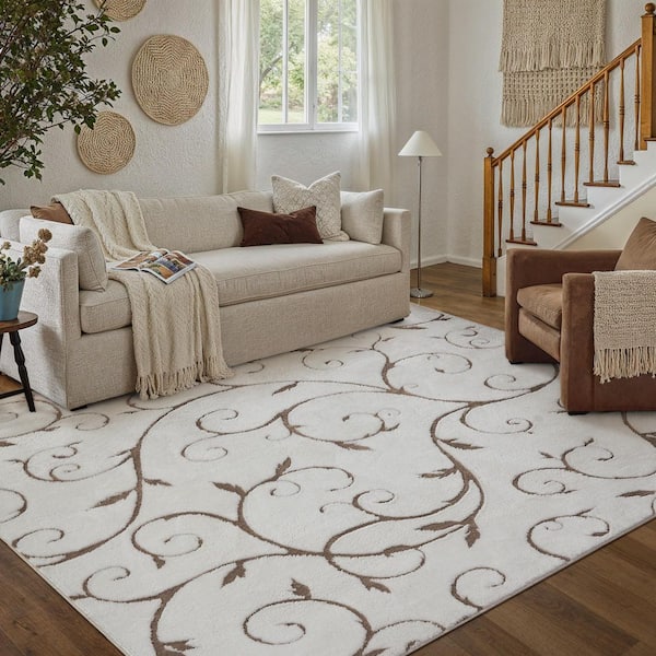 5 ft. x 7 ft. Beige Vine Lines Washable Microfleece Vine Area Rug