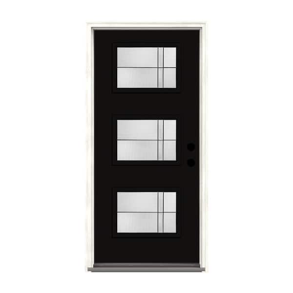 THERMA-TRU 36 in. x 80 in. Left-Hand/Inswing 3 Lite Axis Decorative Onyx Painted Fiberglass Prehung Front Door w/ 4-9/16 in. Frame