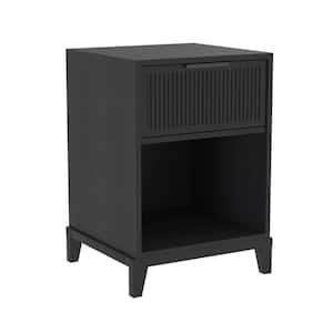 1-Drawer Black Solid Wood Transitional Reeded Nightstand with Cubby