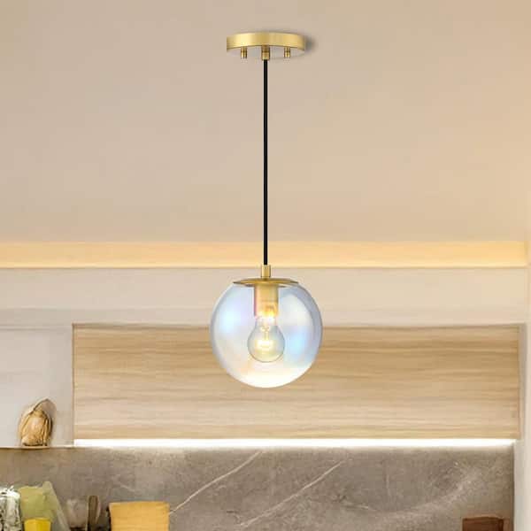 Neva 60-Watt 1-Light Brushed Gold Globe Pendant Light with Clear Iridescent Glass Shade