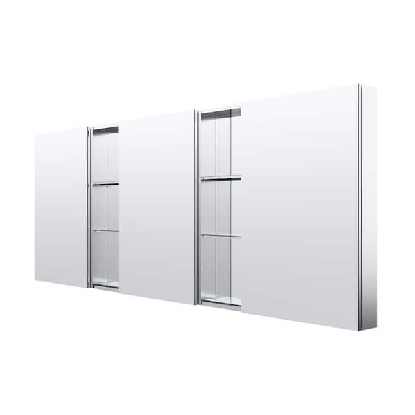 96 in. W x 36 in. H Rectangular Polished Aluminum Tri-view Soft Close Medicine Cabinet with Mirror Combo Set, Reversible