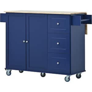 Blue Solid Wood Top 52.7 in. Kitchen Island Rolling Mobile with Storage Cabinet and Drop Leaf Breakfast Bar