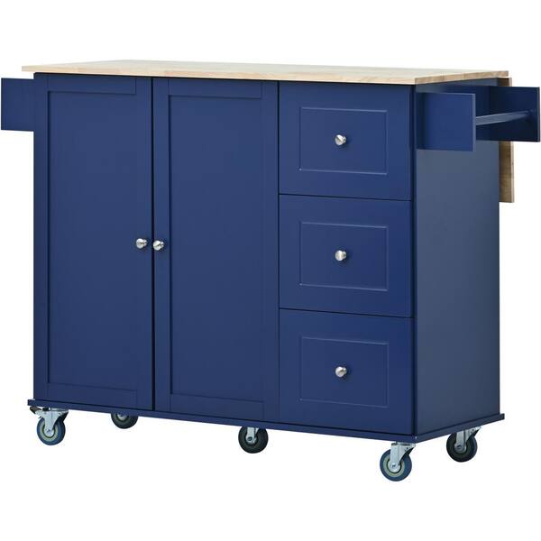 Unbranded Blue Solid Wood Top 52.7 in. Kitchen Island Rolling Mobile with Storage Cabinet and Drop Leaf Breakfast Bar