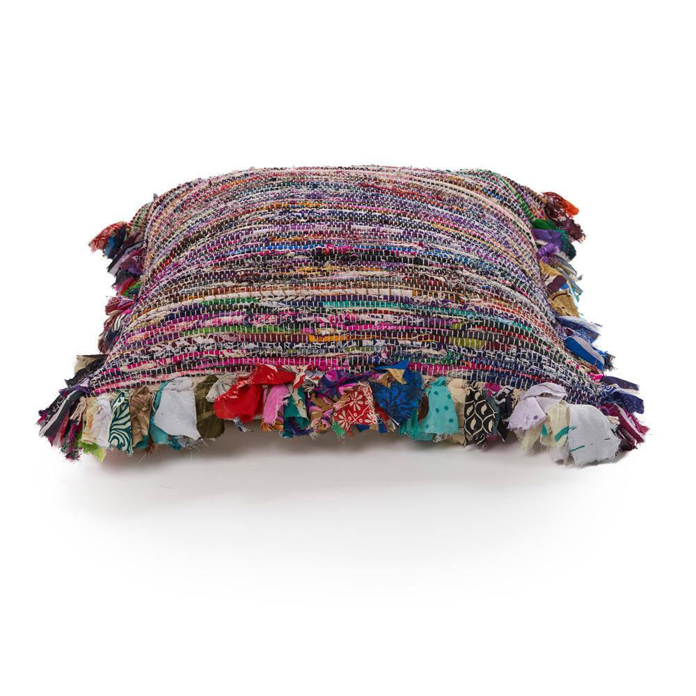 Multicolor Striped Hand-Woven Chindi Floor Pillow, 26" x 26"
