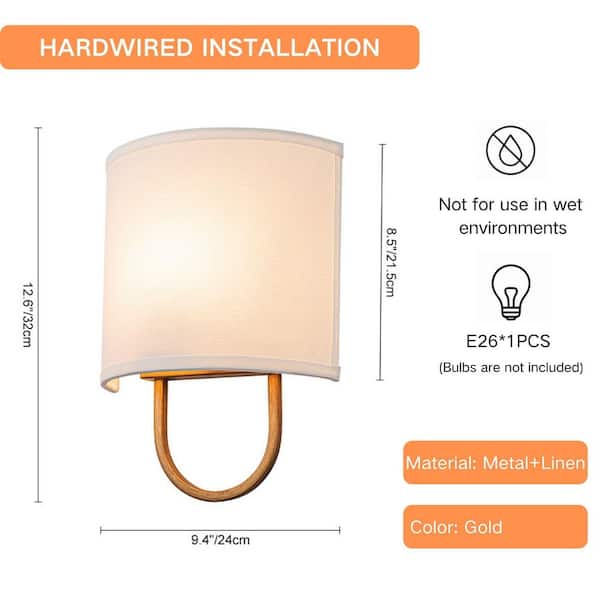 Eira 9.4 in. 1-Light Painted Gold Wall Sconce with Fabric Line Shade for Bedroom, Hallway