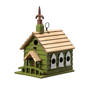 11 in.H Oversized Washed Green Distressed Solid Wood Church Garden Birdhouse(KD)