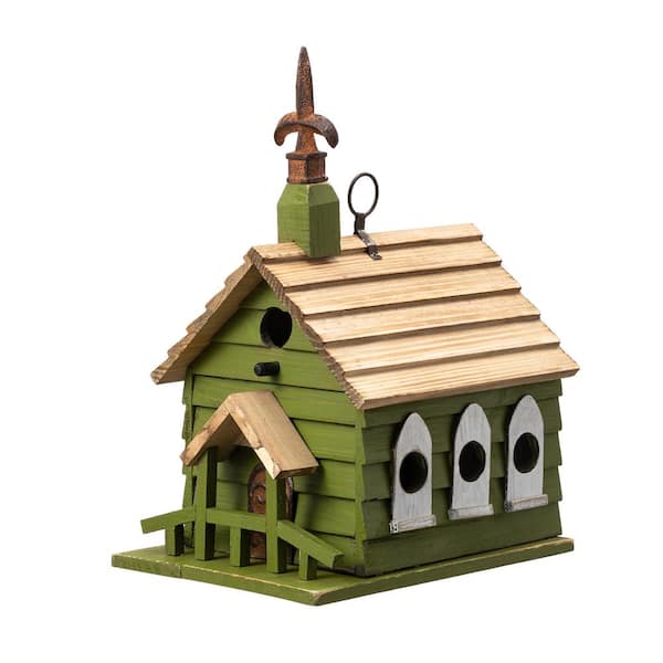 Glitzhome 11 in.H Oversized Washed Green Distressed Solid Wood Church Garden Birdhouse(KD)