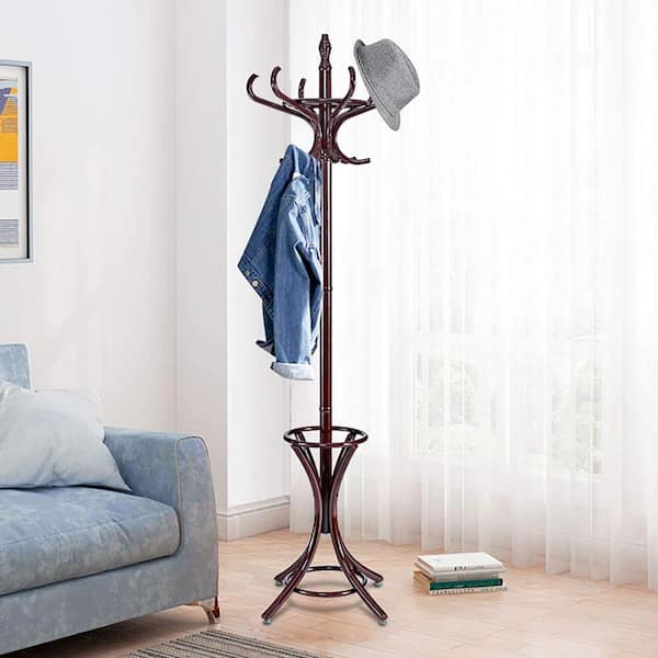 Clihome Brown Wooden Standing Coat Rack Tree with 12 Hooks and Umbrella Stand