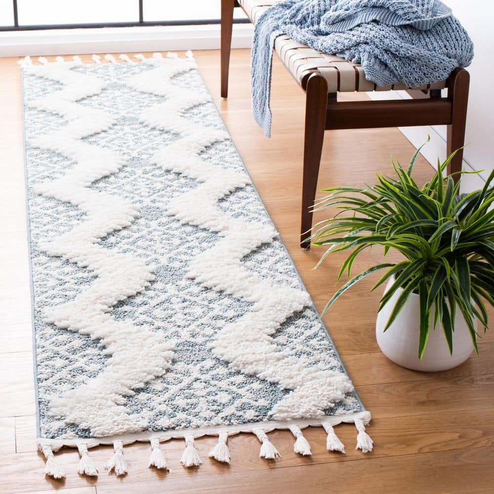 Moroccan Tassel Shag 2 ft. x 12 ft. Teal/Ivory Geometric Zig-Zag High-Low Runner Rug price history on PriceWatchPro