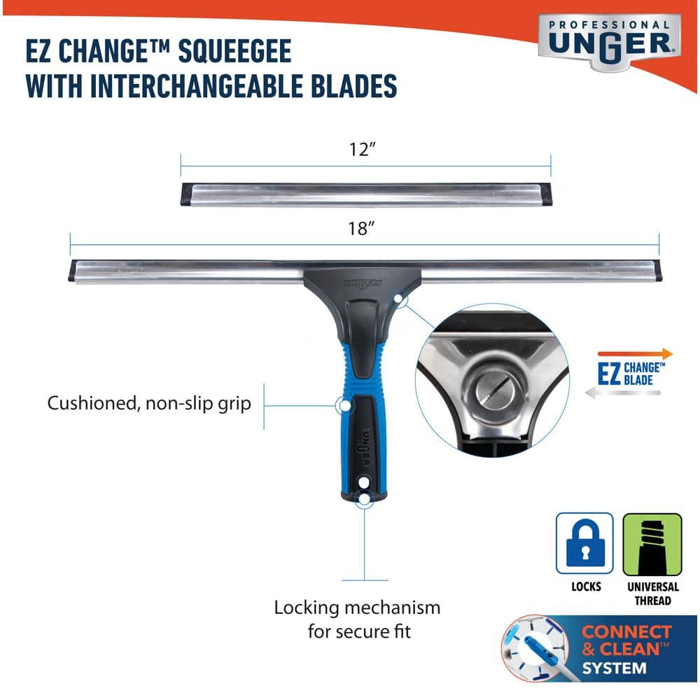 18-Inch Blue and Black Plastic Window Squeegee with Interchangeable Blades