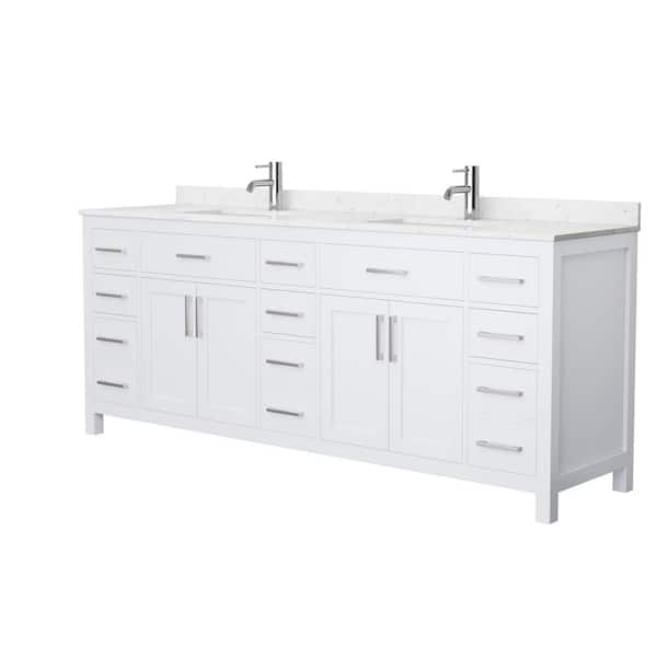 Wyndham Collection Beckett 84 in. W x 22 in. D Double Vanity in White with Cultured Marble Vanity Top in Carrara with White Basins