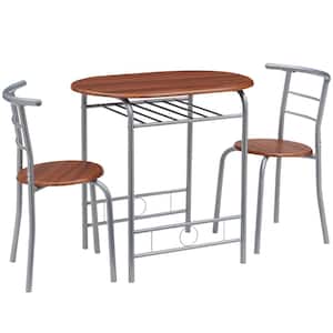 3-Piece Dining Table Set Round Table and Chairs Set for Compact Space with Wooden Table Top and Steel Frame, Brown