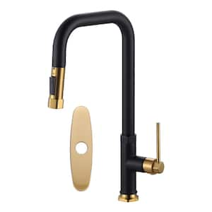 Single Handle 2 Water Modes Pull Down Sprayer Kitchen Faucet with Stainless Steel And Brass in Black and Gold