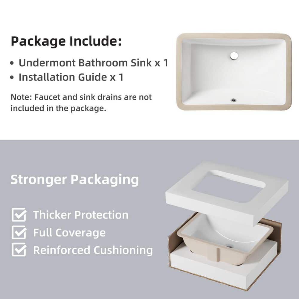 21" White Glossy Ceramic Rectangular Undermount Bathroom Sink