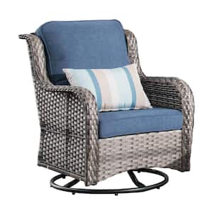 Erie Lake 3-Piece Gray Wicker Outdoor Rocking Chair Set with Denim Blue Cushions
