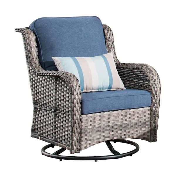 XIZZI Erie Lake 3-Piece Gray Wicker Outdoor Rocking Chair Set with Denim Blue Cushions