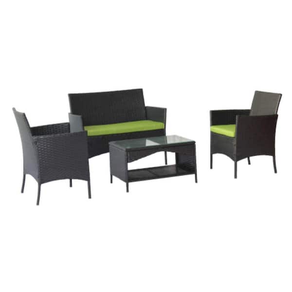 Alpulon 4-Piece Outdoor Wicker Conversation Furniture Set with Green Cushions and Tempered Glass Table