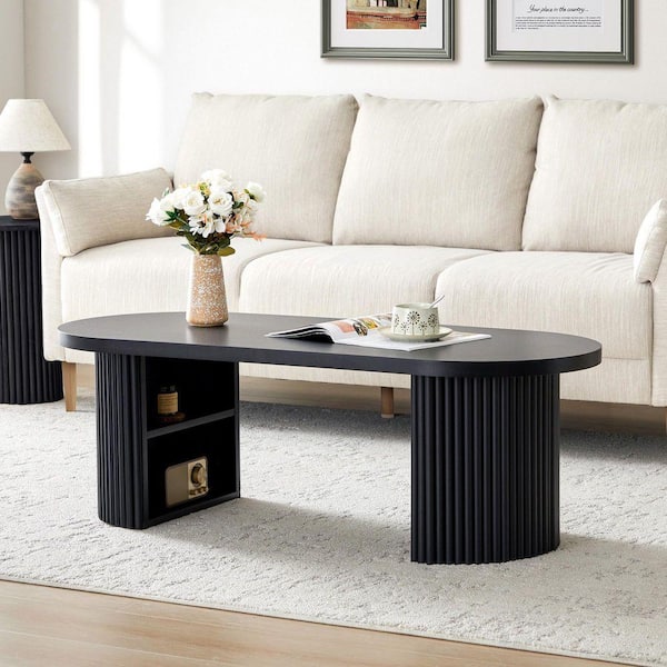 ATHMILE 47.24 in. Black Oval MDF Coffee Table with 2 Storage Space