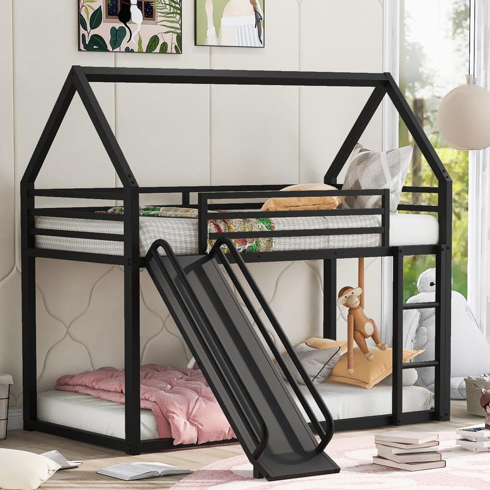 Harper & Bright Designs Black Twin over Twin Metal House Bunk Bed with ...
