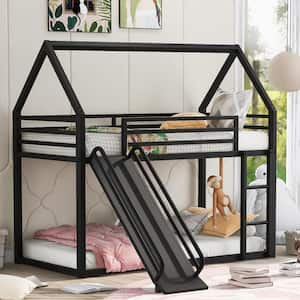 Black Twin over Twin Metal House Bunk Bed with Ladder and Slide