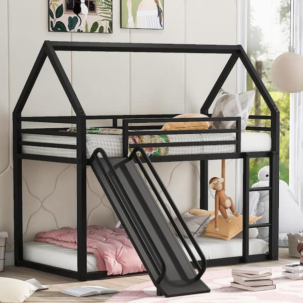 Harper & Bright Designs Black Twin over Twin Metal House Bunk Bed with Ladder and Slide